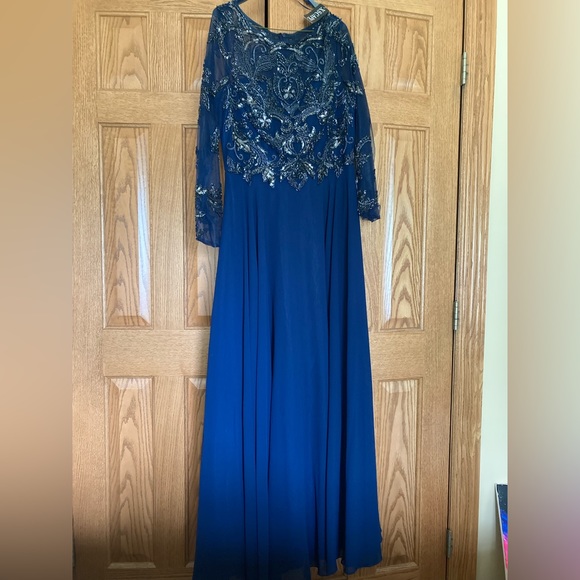 One-Shoulder Beaded Chiffon Long Sleeve Gown Peach main image 1